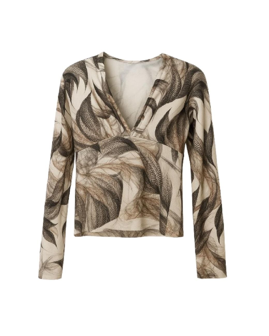 Conquista Natural Printed V-Neck Long-Sleeve Top With Artistic Leaf Motif