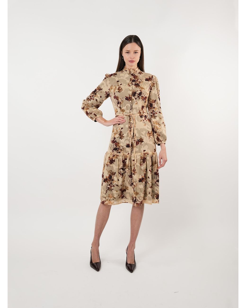 John Abgin Natural Chiffon Ruffle Tiered Midi Dress
