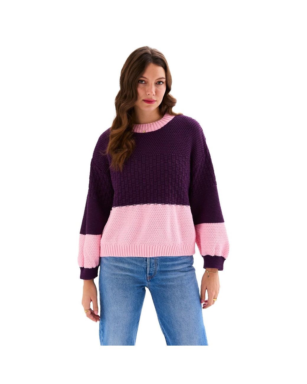 Cara & The Sky Purple Taz Colour Block Balloon Sleeve Jumper