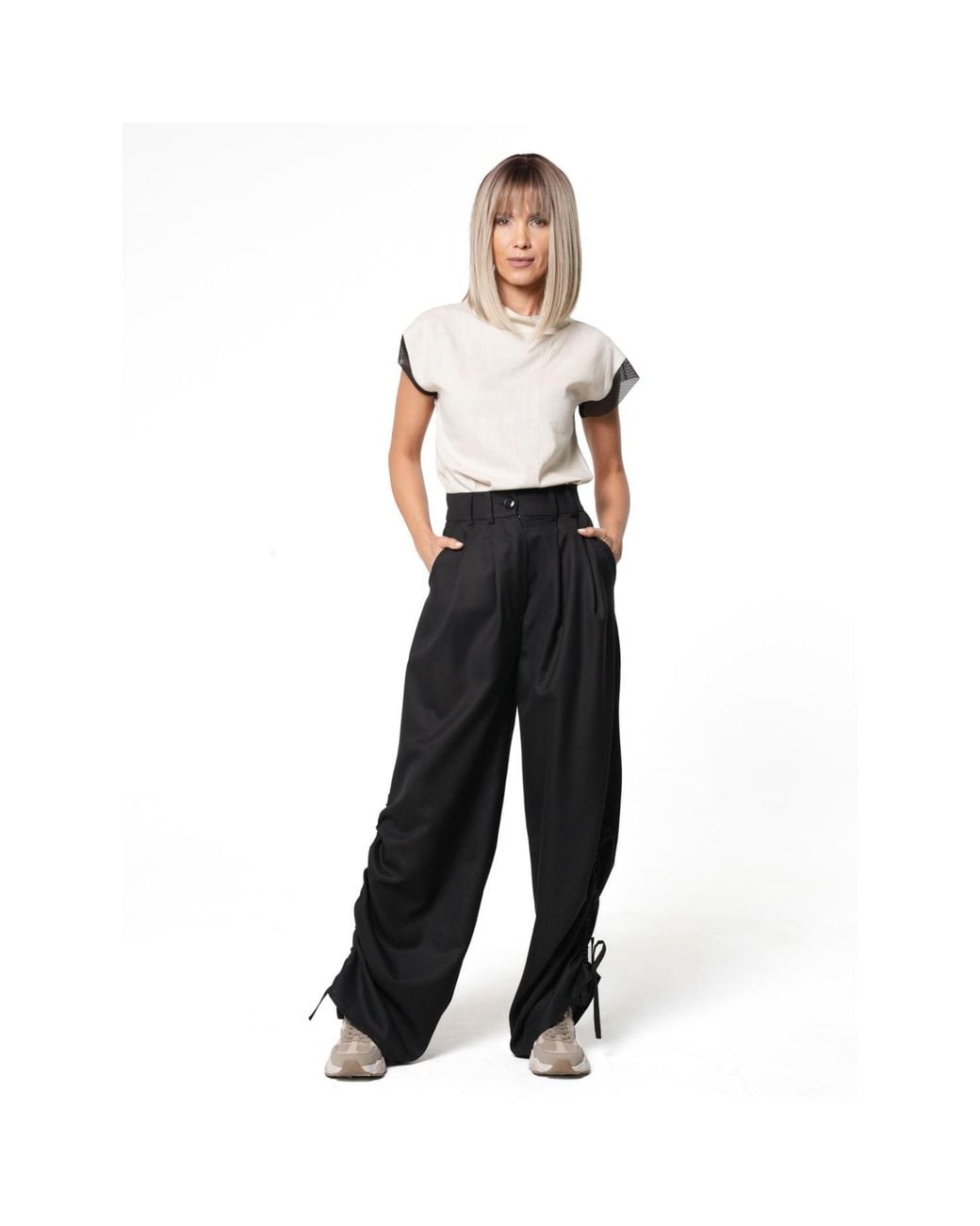 Metamorph Black High-Waisted Wool Trousers With Ruched Side Details