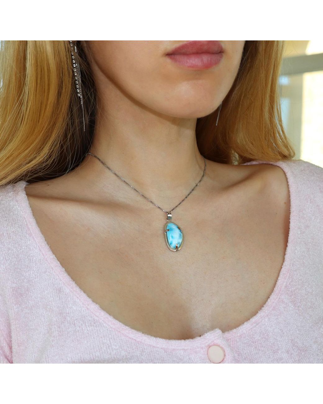 Mineralgems•Studio Blue Oval Larimar Pendant With Sterling Chain