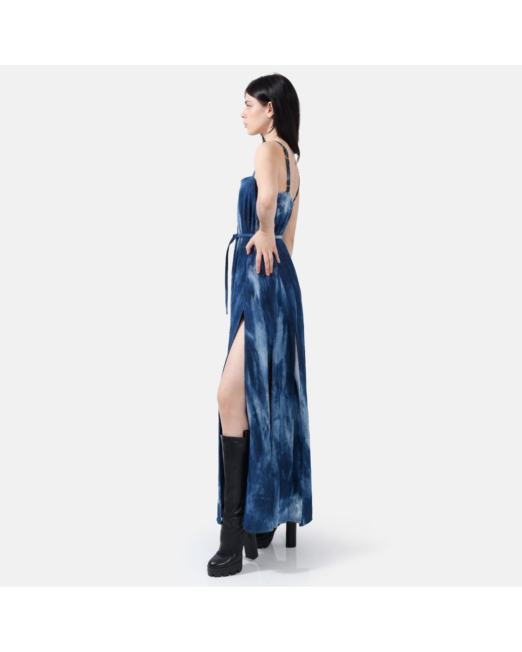 Kargede Blue Designer Denim Maxi Dress – Sleeveless Dyed Jean Dress