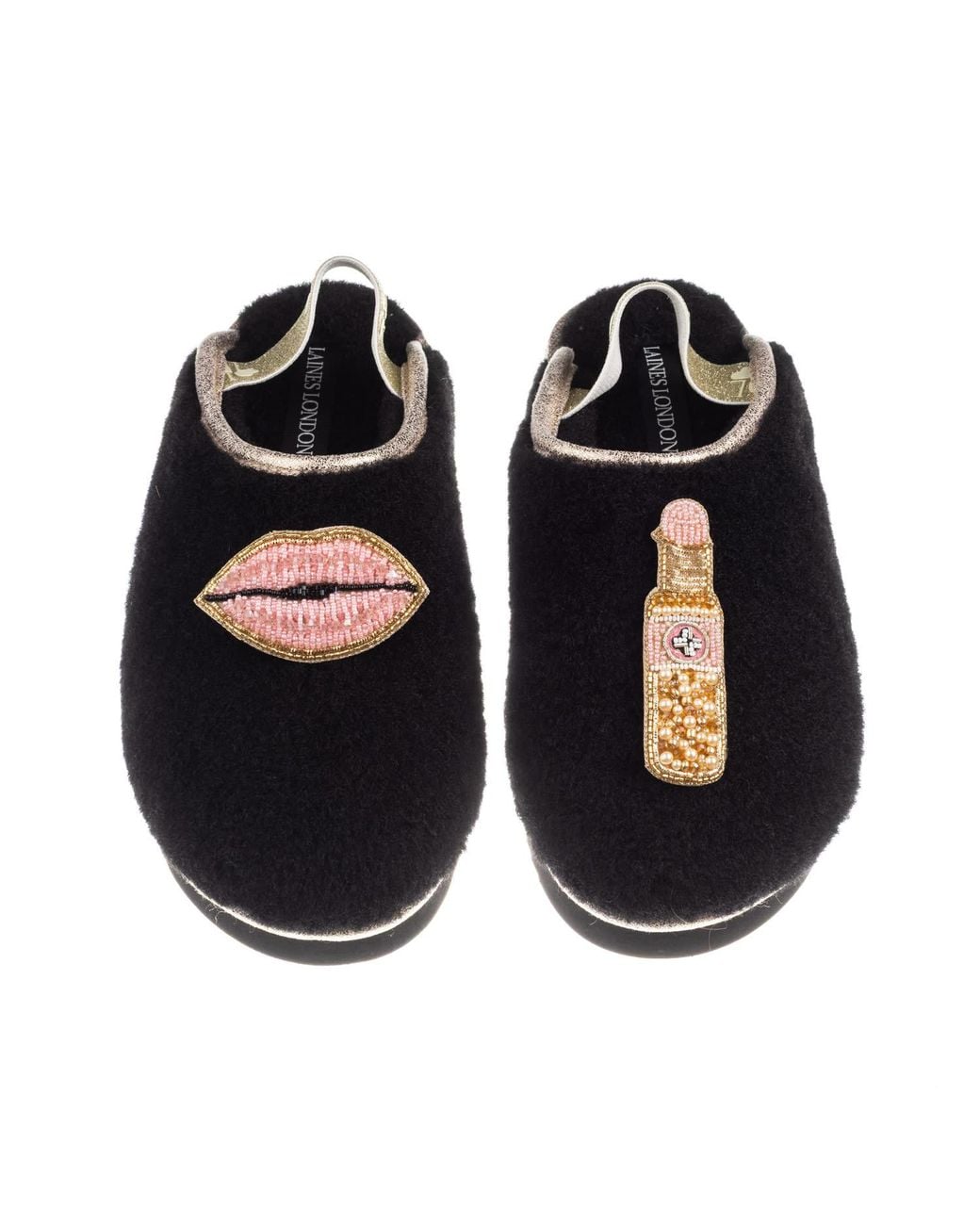 Laines London Black Flatform Cloud Closed Toe Slippers With Lips & Lipstick Brooches