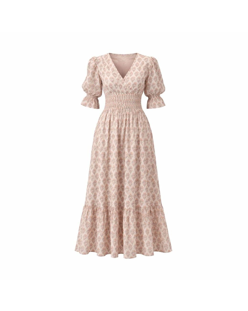 House of Gl Pink Neutrals Lilienne Hand-Block Printed Smocked Midi Dress