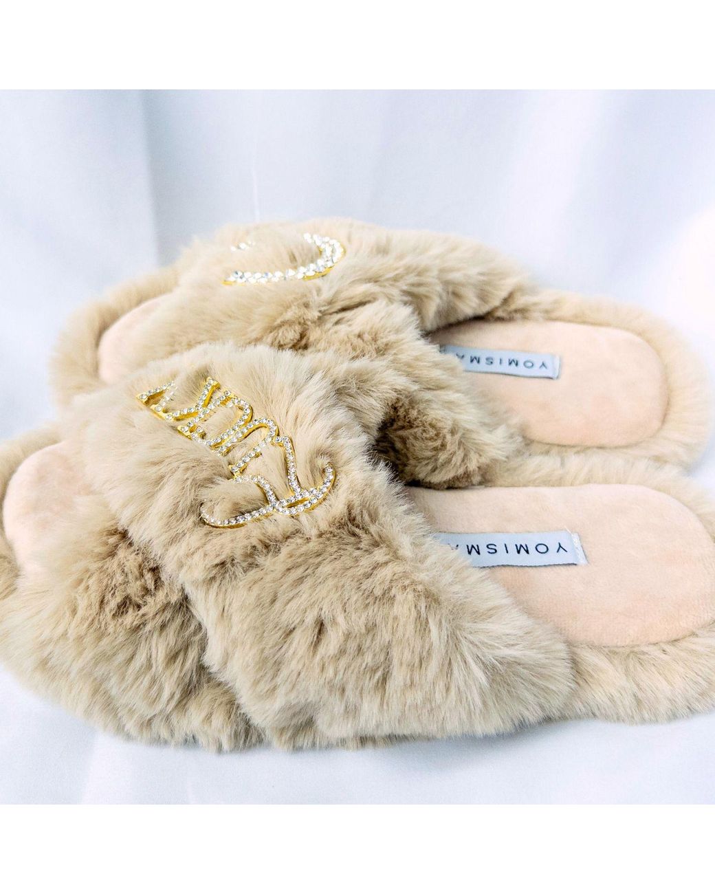 Yomisma Natural Neutrals Eco Faux Fur Slippers – Recycled Faux Fur With Lucky + Horseshoe Embellishment
