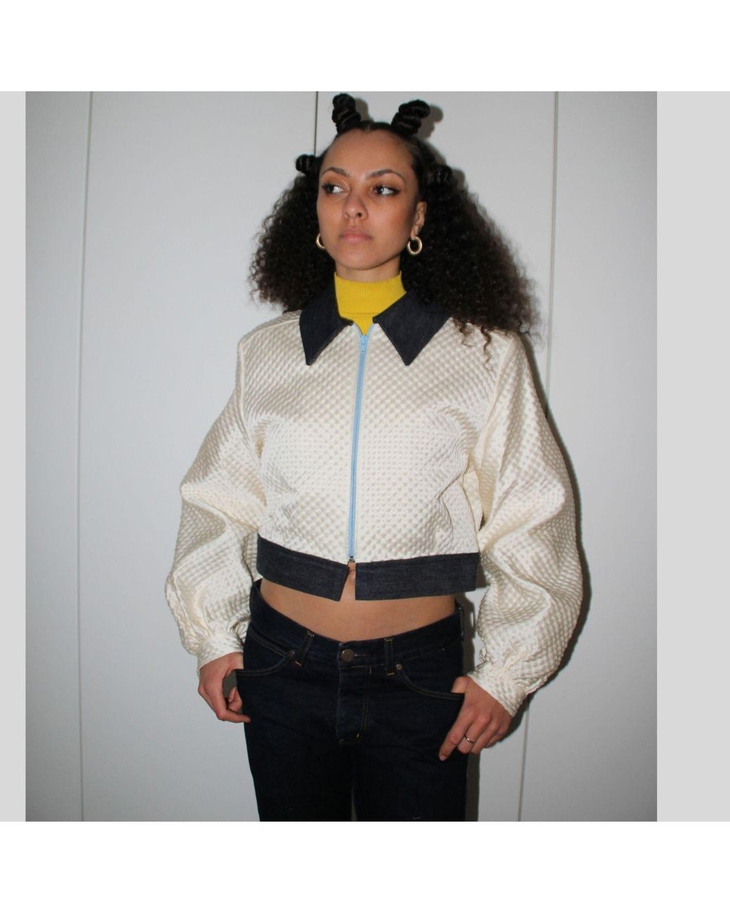 Couture to Your Door Blue Neutrals Ivory Waffle Upcycled Bomber Jacket