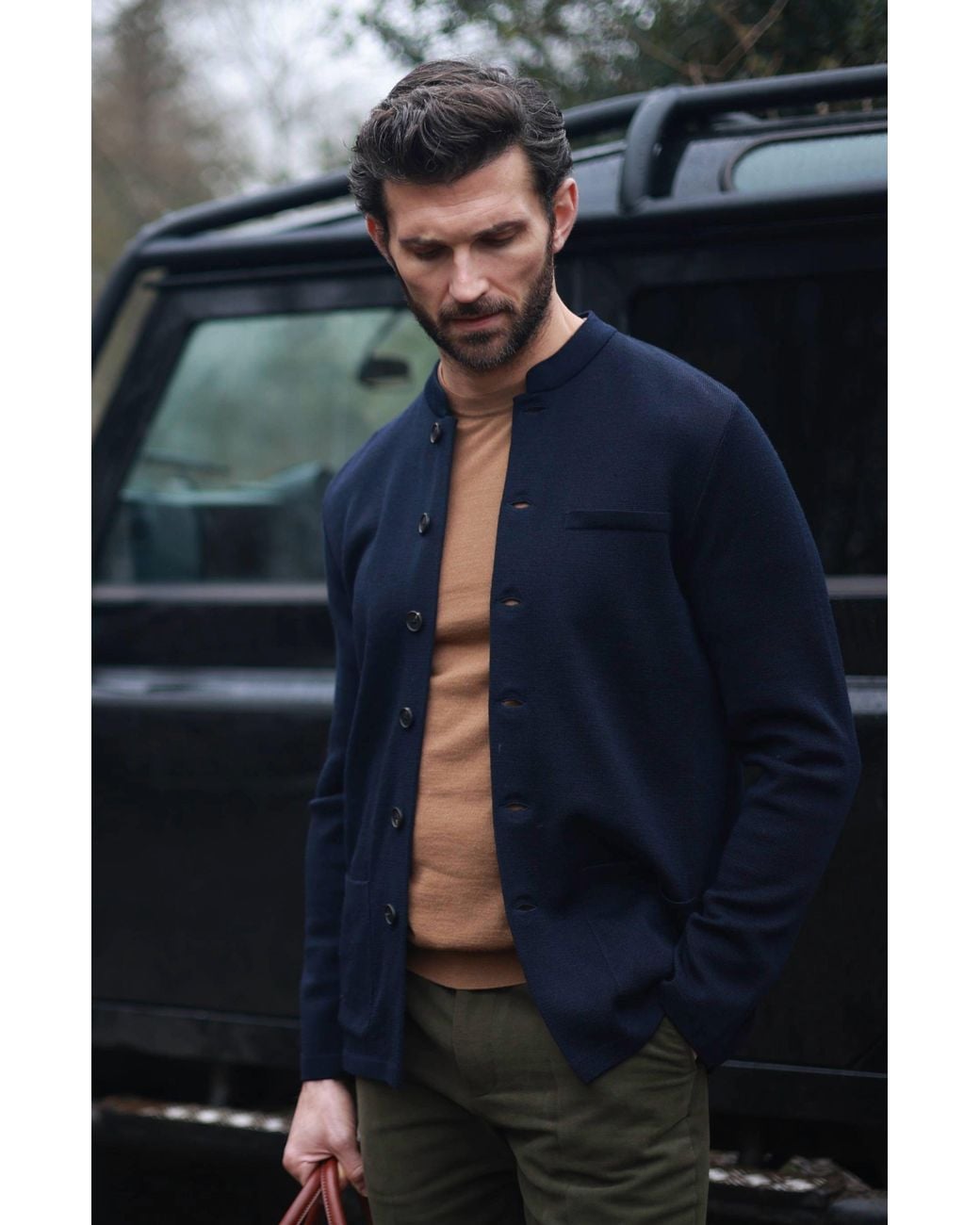 Paul James Knitwear Blue Extra Fine Merino Wool Alonzo Knitted Nehru Jacket for men