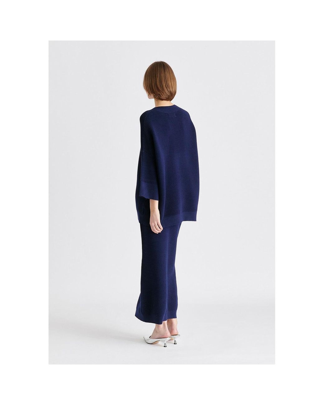 Paisie Blue Ribbed Midi Skirt