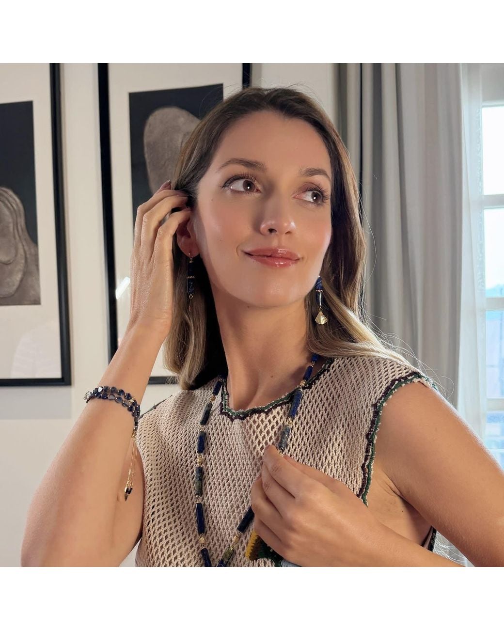 Farra Blue Lapis Lazuli & Fan Linear Drop Earrings