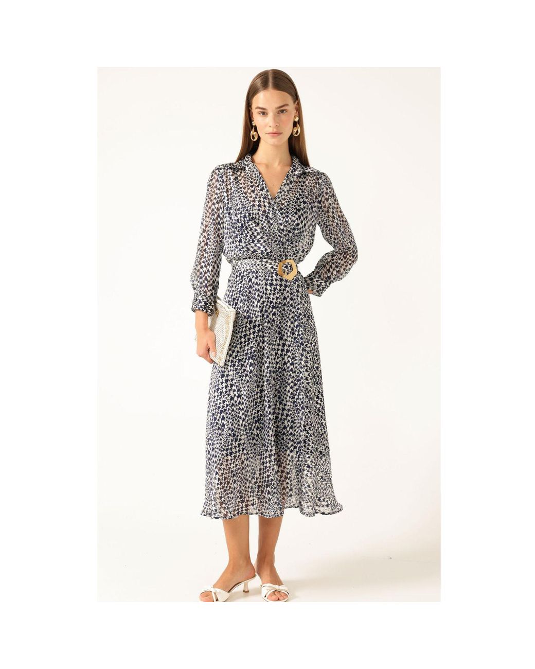 SACHA DRAKE Gray Herringbone Lurex Stripe Chiffon Midi Dress