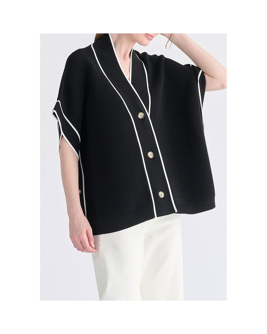 Paisie Black Button Details Kimono Ribbed Cardigan