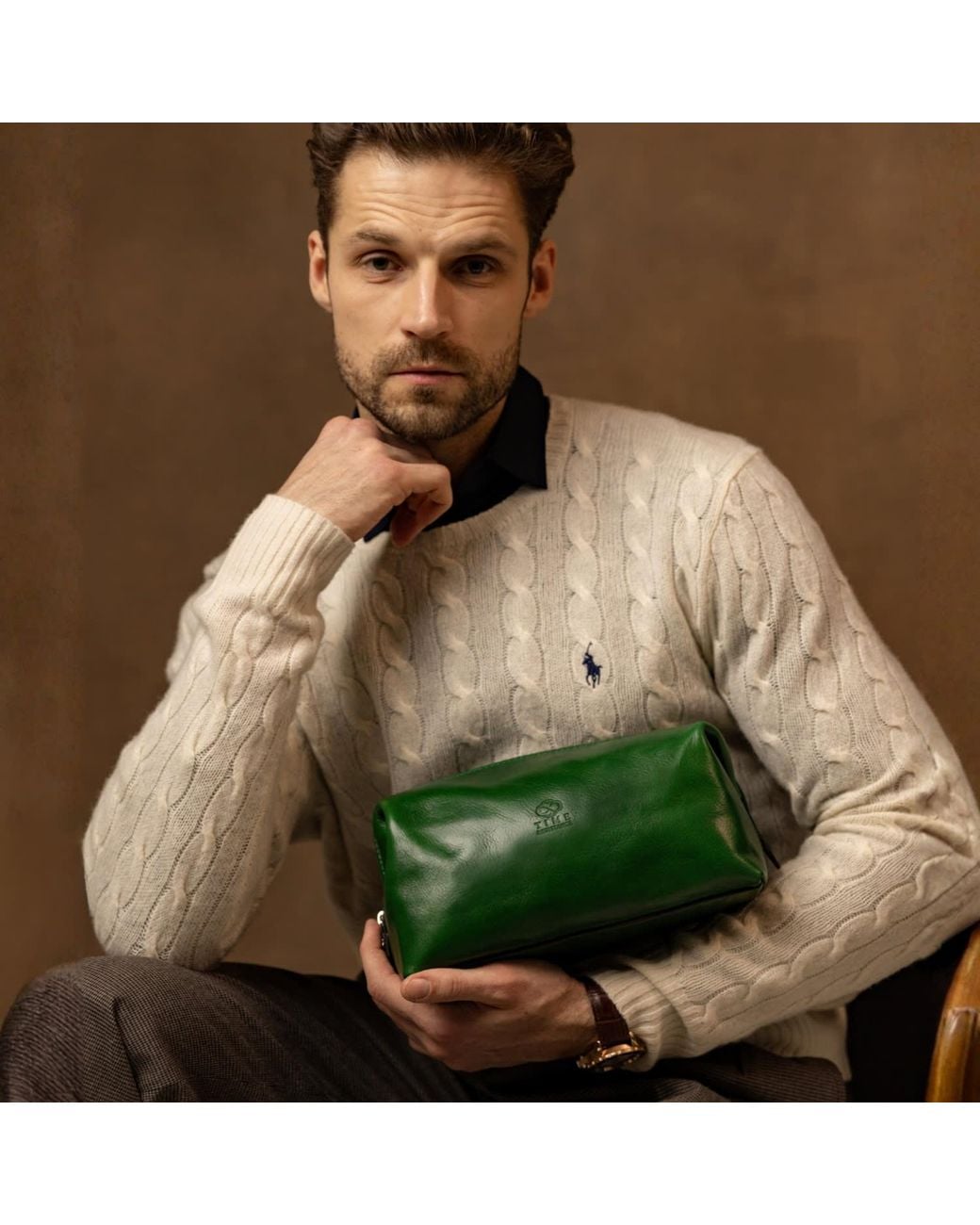 Time Resistance Green Leather Toiletry Bag For