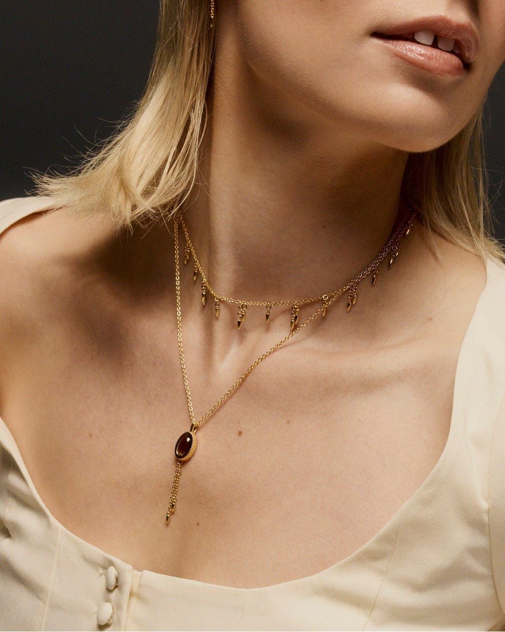 Stone Fruit Metallic Bolo Pendant Necklace