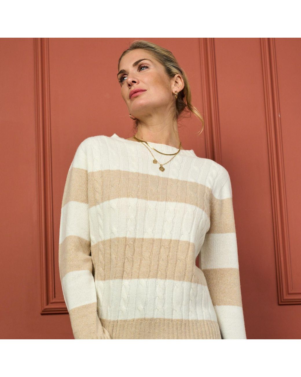 Luella Fashion Natural Neutrals Portree Cashmere Blend Cable Knit Jumper Camel & Ivory