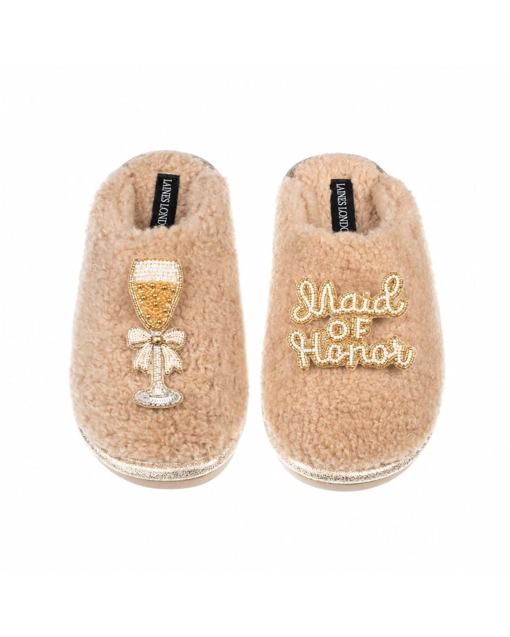 Laines London Natural Neutrals Teddy Closed Toe Slippers With Maid Of Honor Brooches