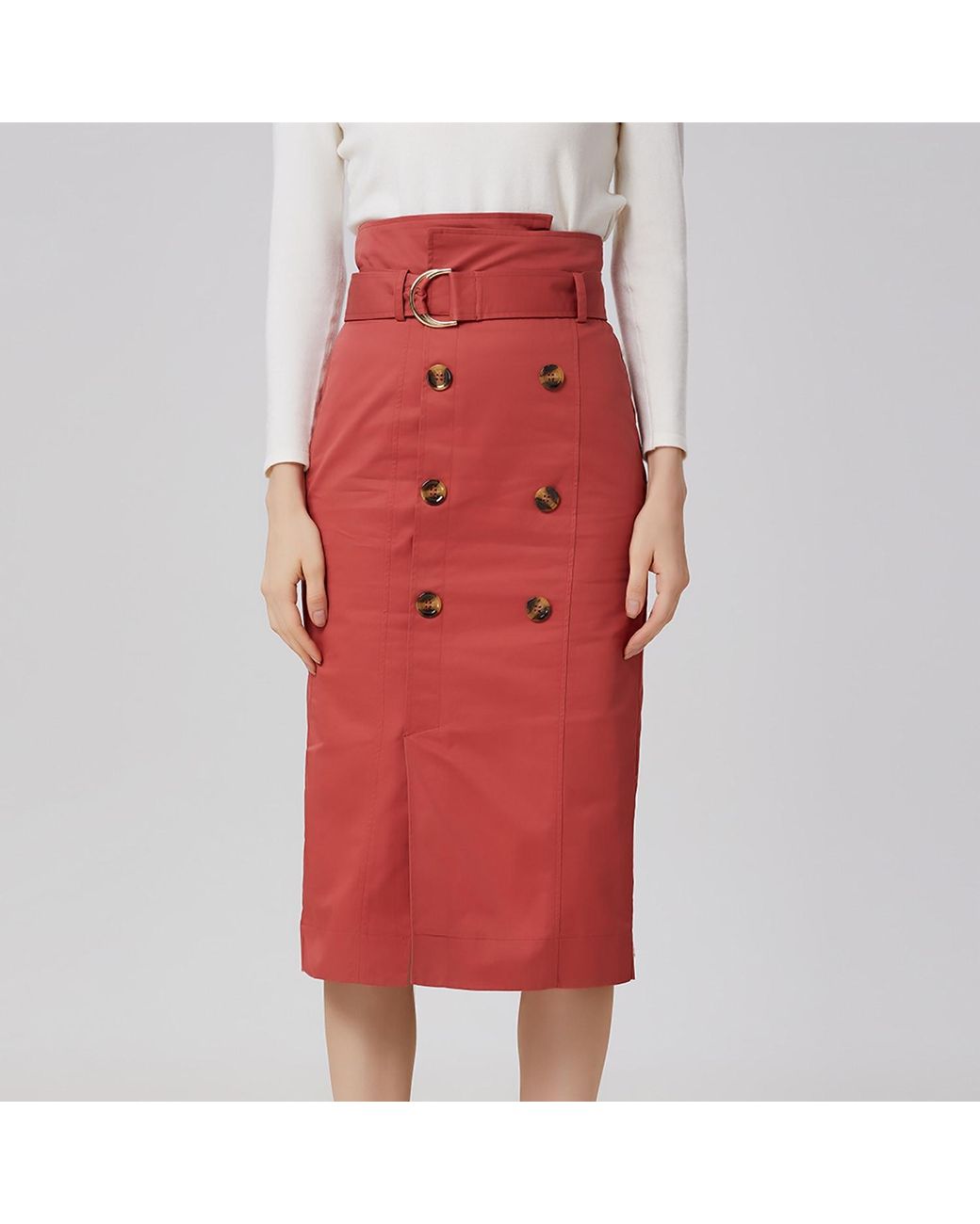 Smart and Joy Red Double-Breasted Straight Cotton Skirt With Belt