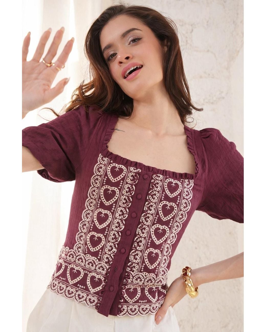 Rose & Nancy Red Harri Heart Burgundy Short Sleeve Top