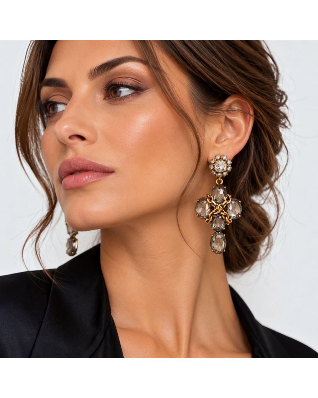 Vstyle Metallic Smoky Crystal Chain Statement Earrings