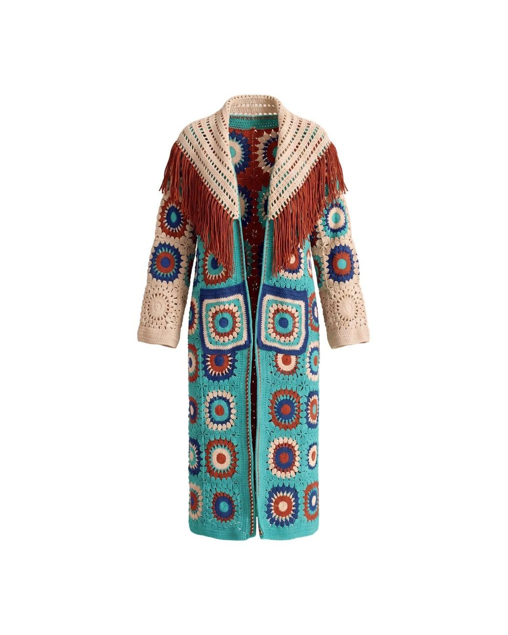 Ana Chic Blue Fringed Handmade Crochet Maxi Cardigan
