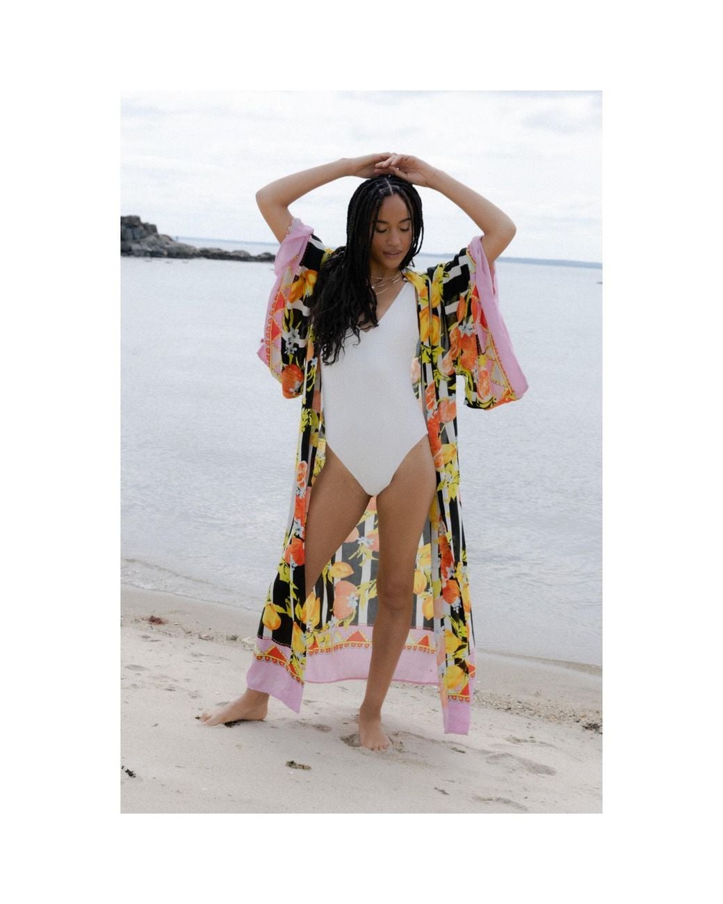 Saachi Yellow Citrus Print Kimono Long