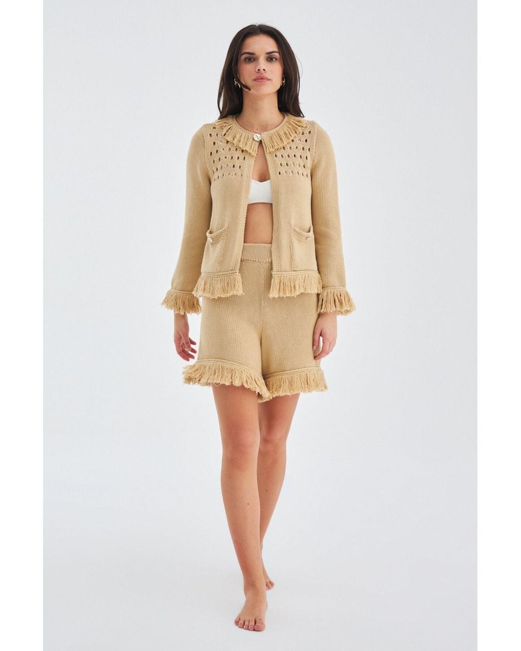 Peraluna Natural Miyoki Knitted Crop Cardigan & Shorts Matching Set