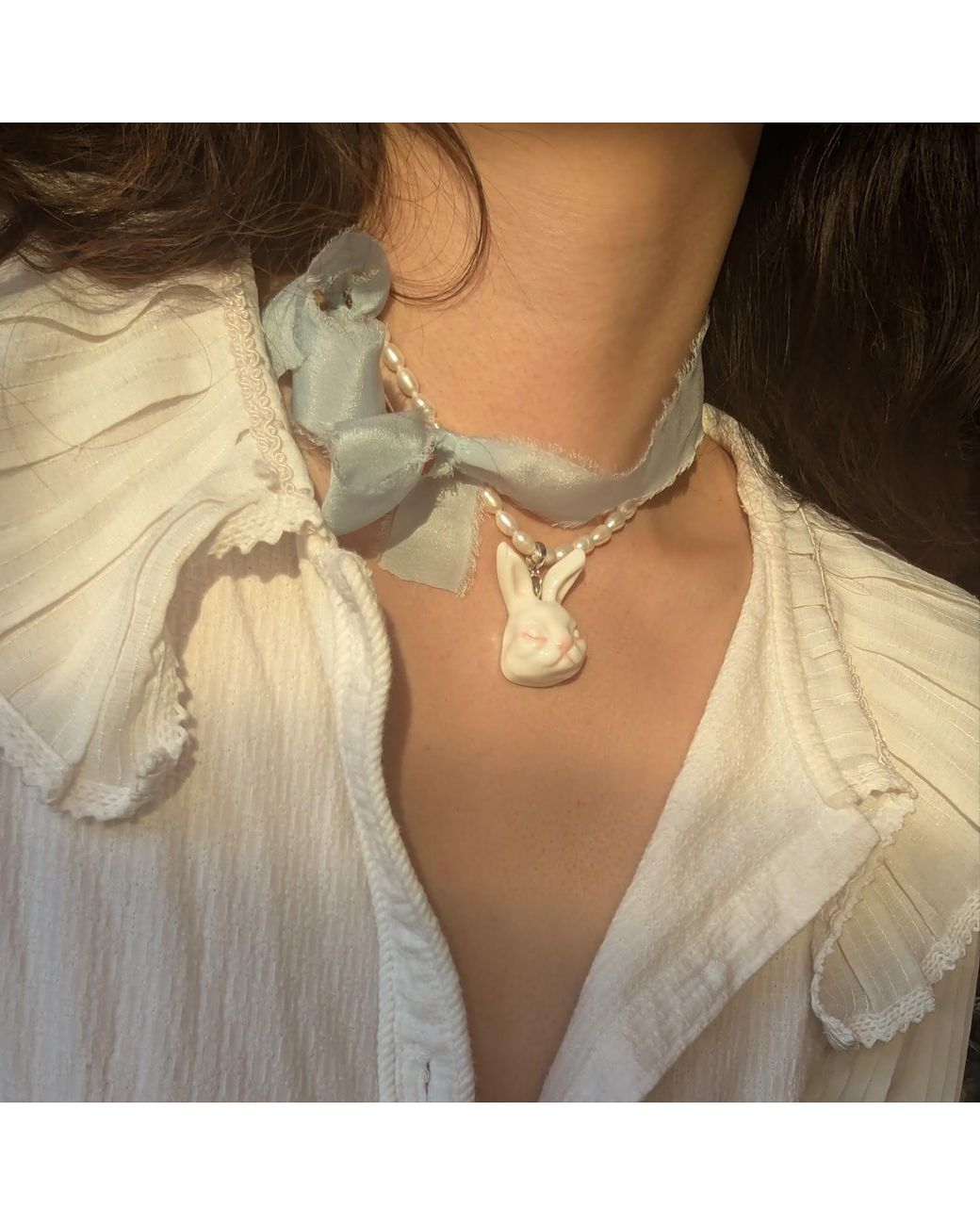 H2 Studio Metallic Grumpy Bunny Porcelain Freshwater Pearl Necklace