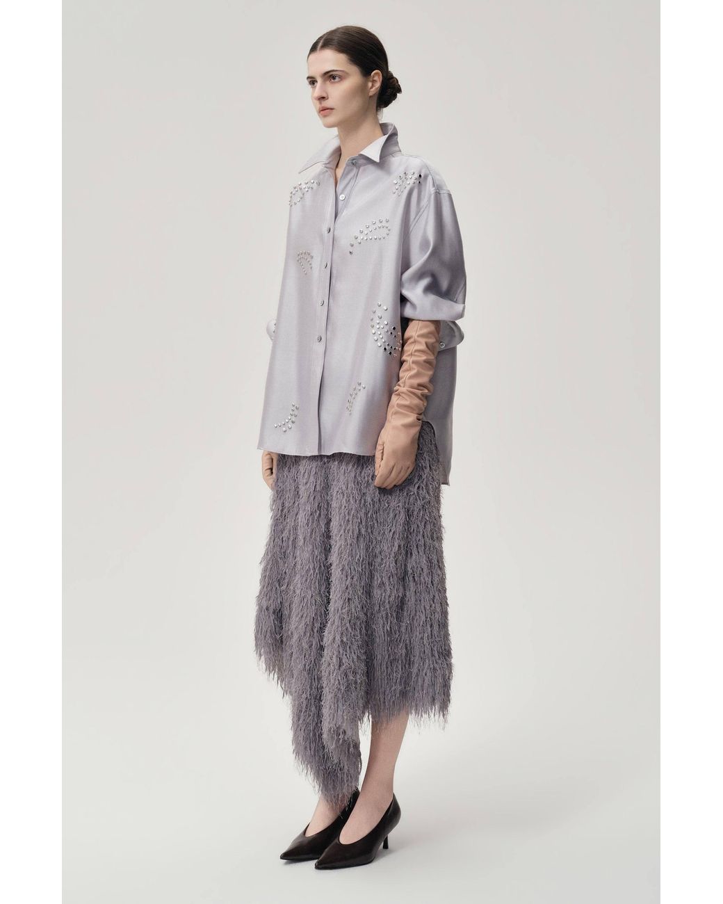 FRONT ROW SHOP Gray Stud-Embellished Shirt Pale