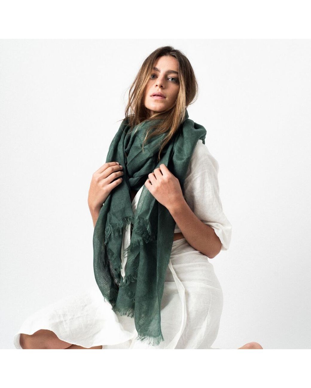 Variously Green Moss Dark Soft Linen Silk Handwoven Artisanal Scarf