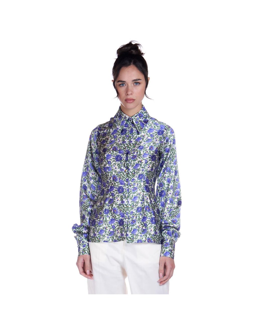 Sofia Tsereteli Blue Silk Shirt In Purple Botanica Print