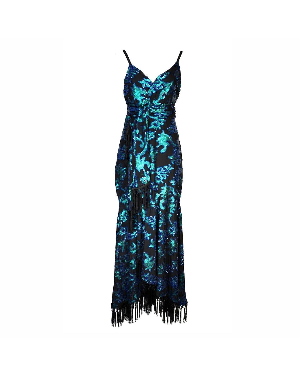 Jennafer Grace Blue Absinthia Fringe Faux Wrap Dress