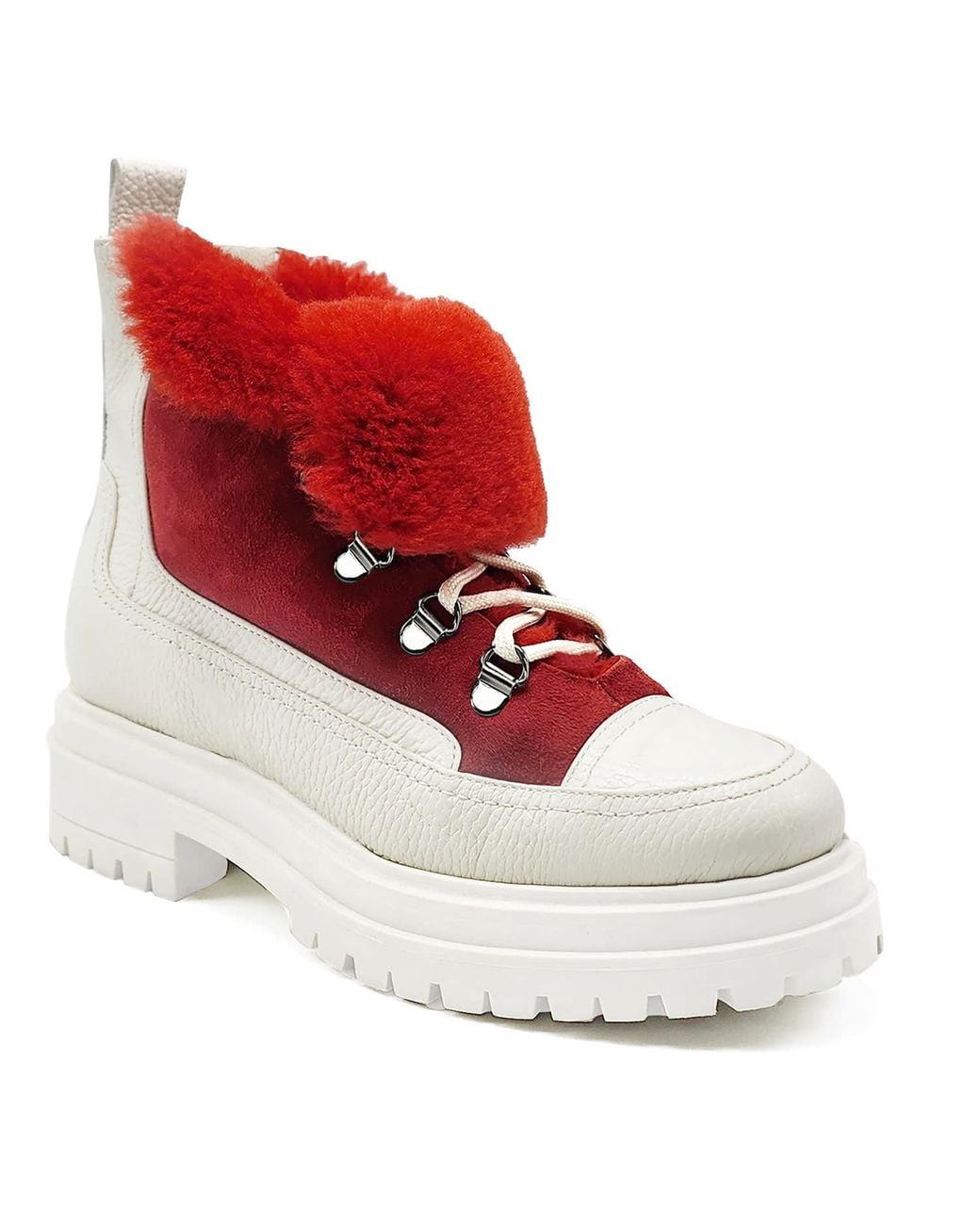 Beautiisoles by Robyn Shreiber Made in Italy Red Francy Leather & Faux Fur Comfortable Ankle Hiking Valentine Bootie