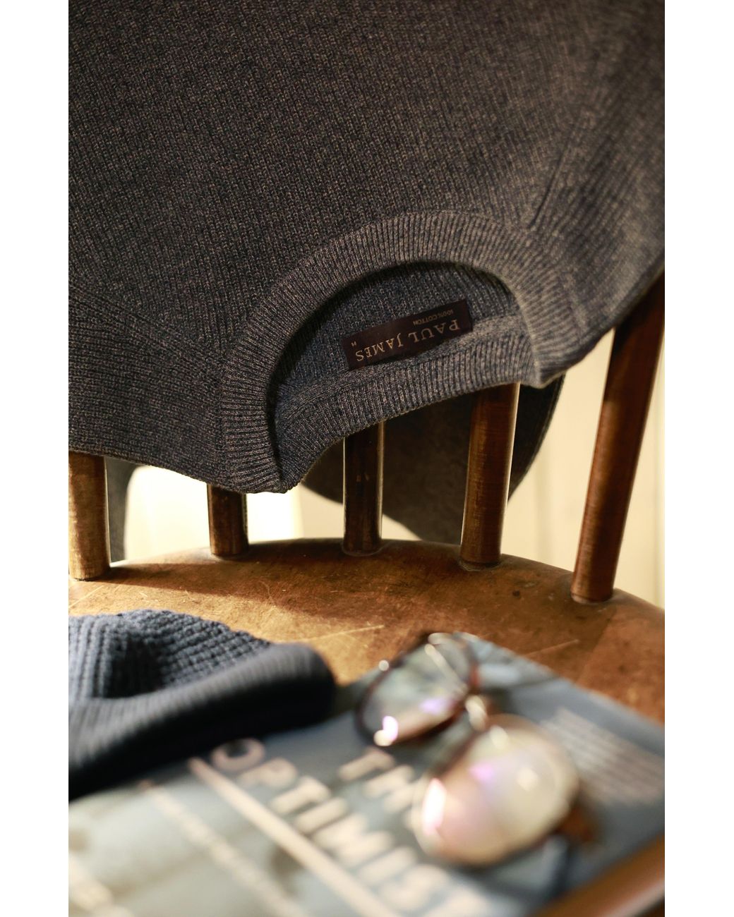 Paul James Knitwear Blue Cotton Lightweight Fisherman Dylan Rib Jumper for men