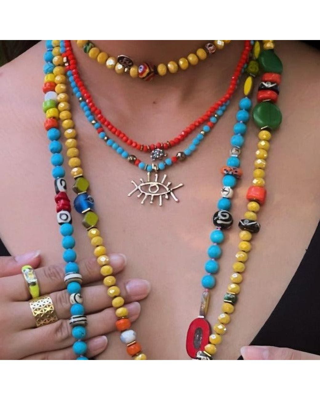 Ebru Jewelry Metallic Guardian Evil Eye Pendant Stone Beaded Necklace