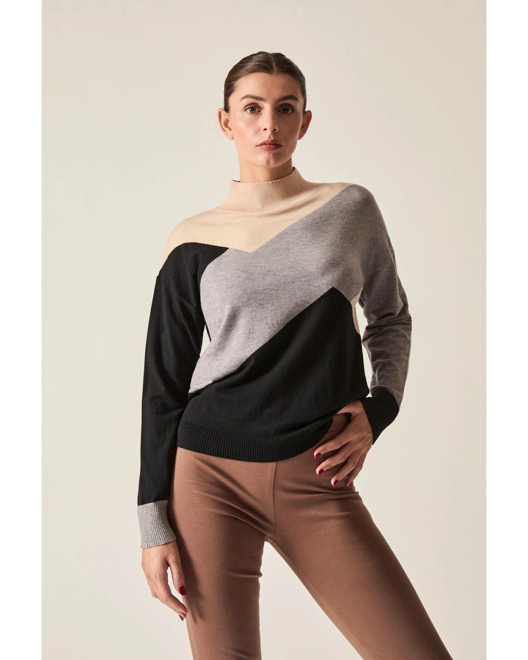 James Lakeland Black Geometric Colour-Block High-Neck Jumper