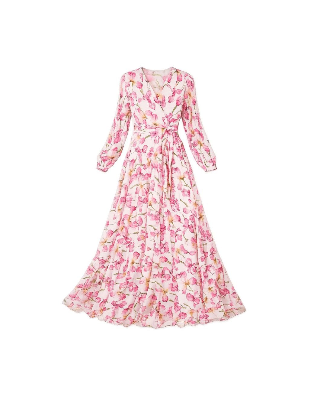 Yumi' Pink Neutrals Orchid Floral Pleated Wrap Maxi Dress