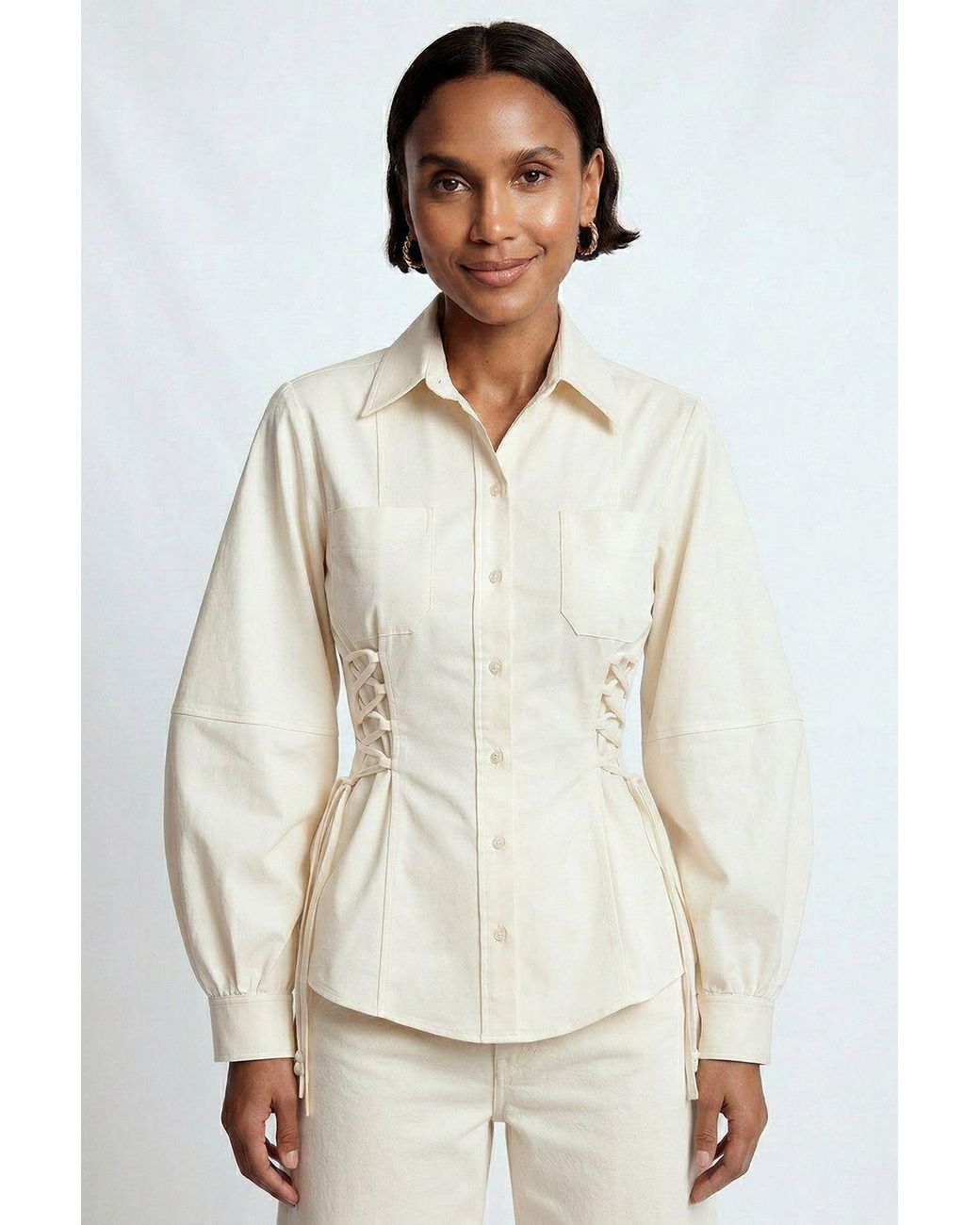 Exquise Natural Neutrals Arcene Fitted Waist Balloon Sleeve Shirt