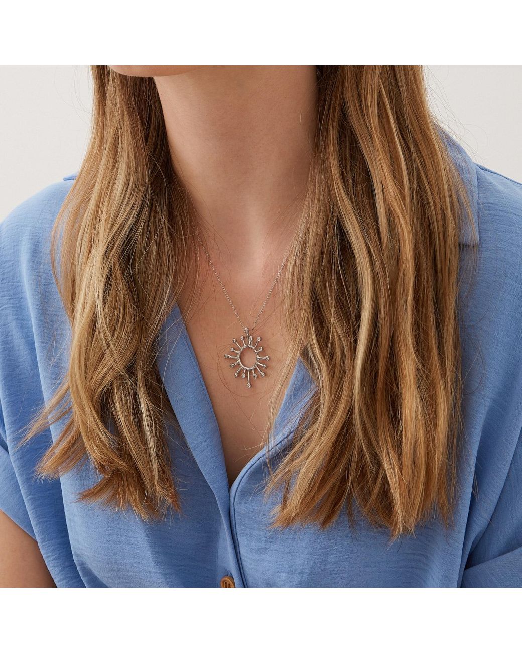 Spero London Metallic Sun Sunburst Large High Quality Crown Natural Textured Molten Sterling Pendant Necklace