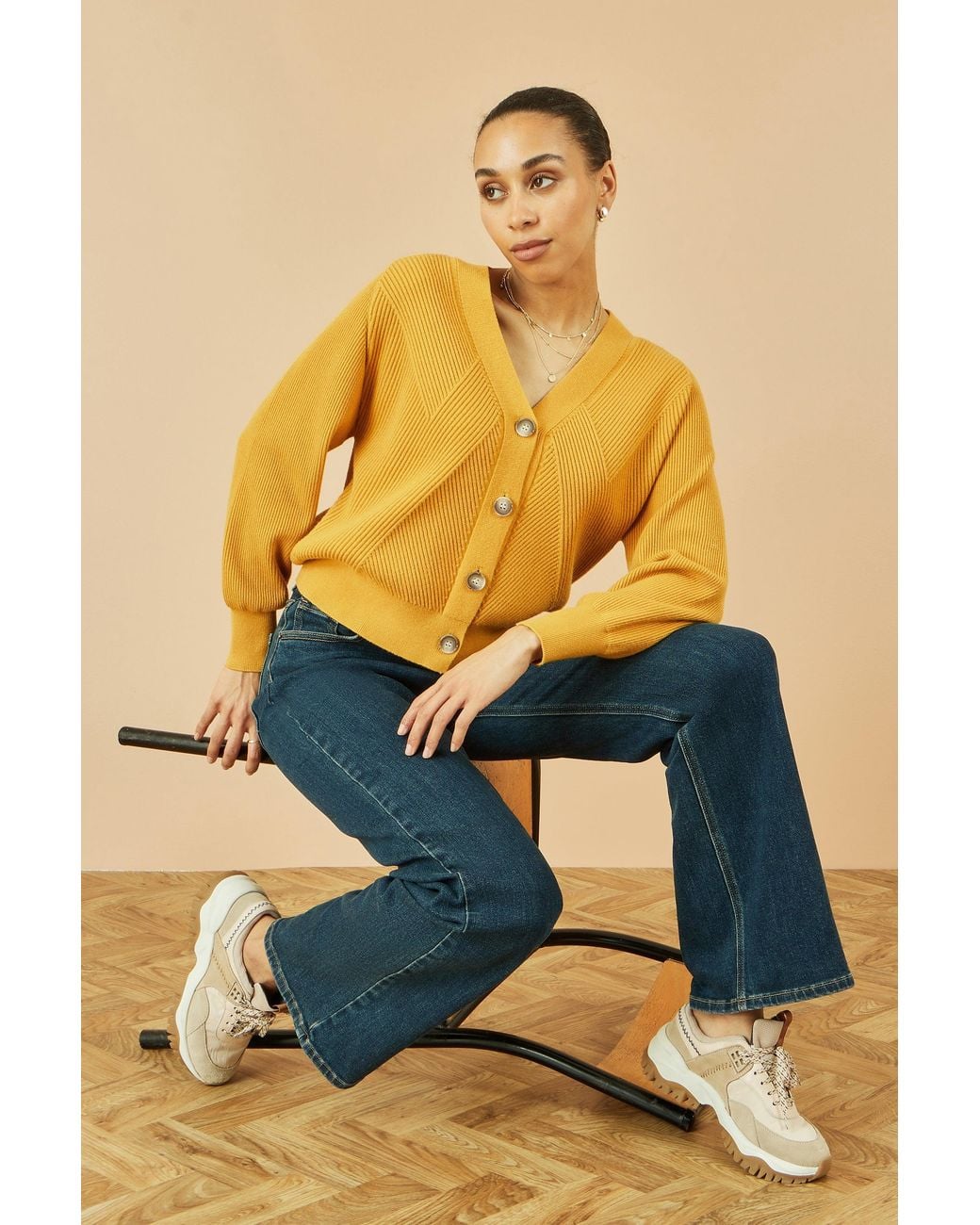 Yumi' Yellow Mustard Relaxed Fit Cardigan With Stitch Detail
