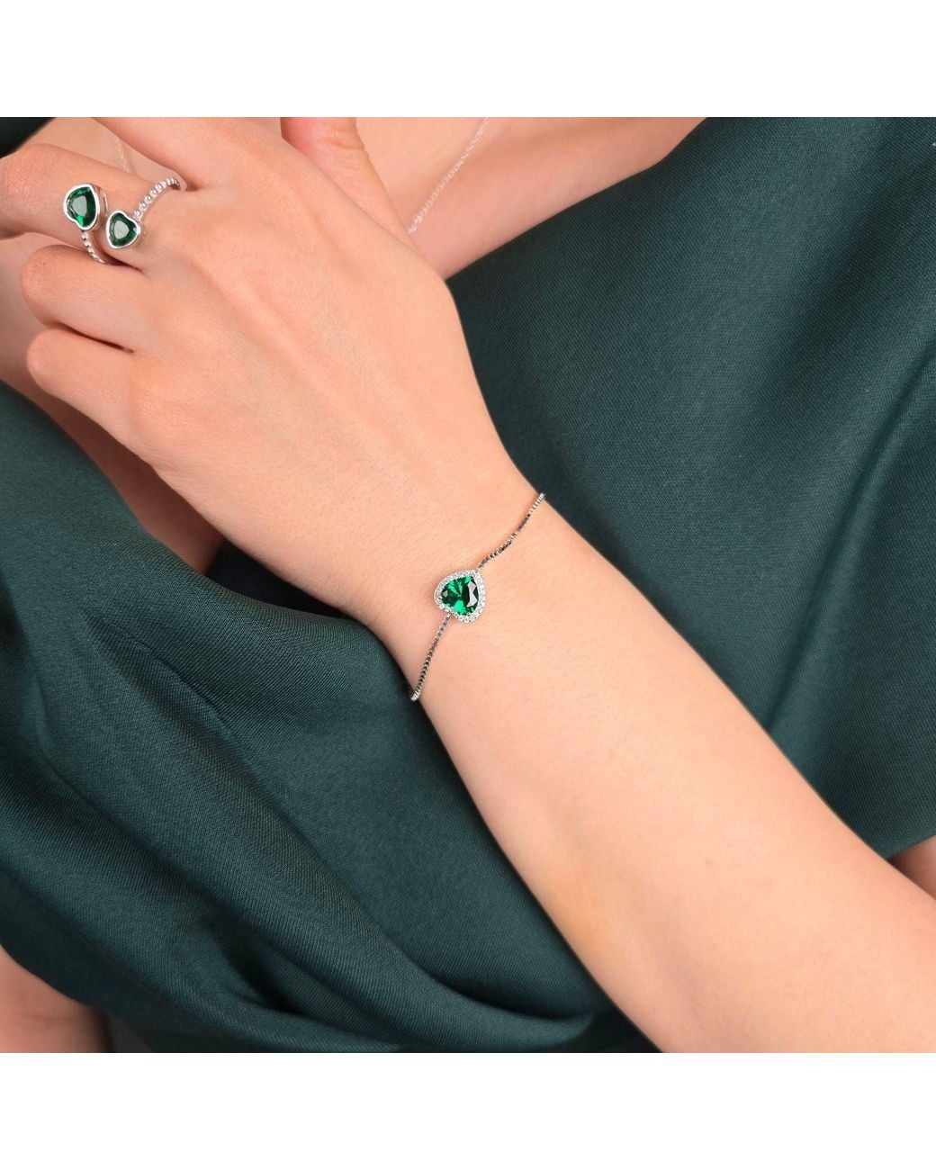 Sophelia Metallic Emerald May Birthstone Love Heart Charm Sterling Bracelet
