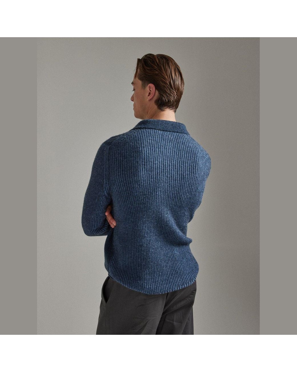 Salts Cashmere Blue Polo Sweater With Fishermens Rib Detailing