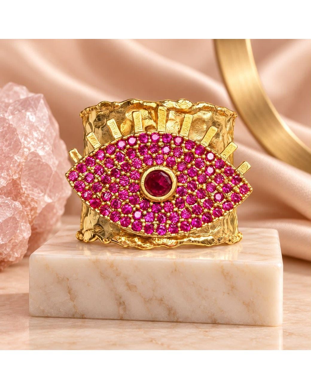 By Ozge Pink Mystic Love Zircon Evil Eye-Plated Adjustable Chunky Ring