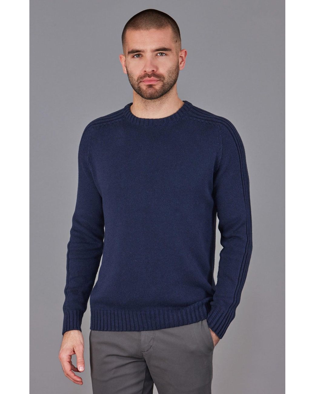 Paul James Knitwear Blue Organic Cotton Alexander Crew Neck Jumper for men