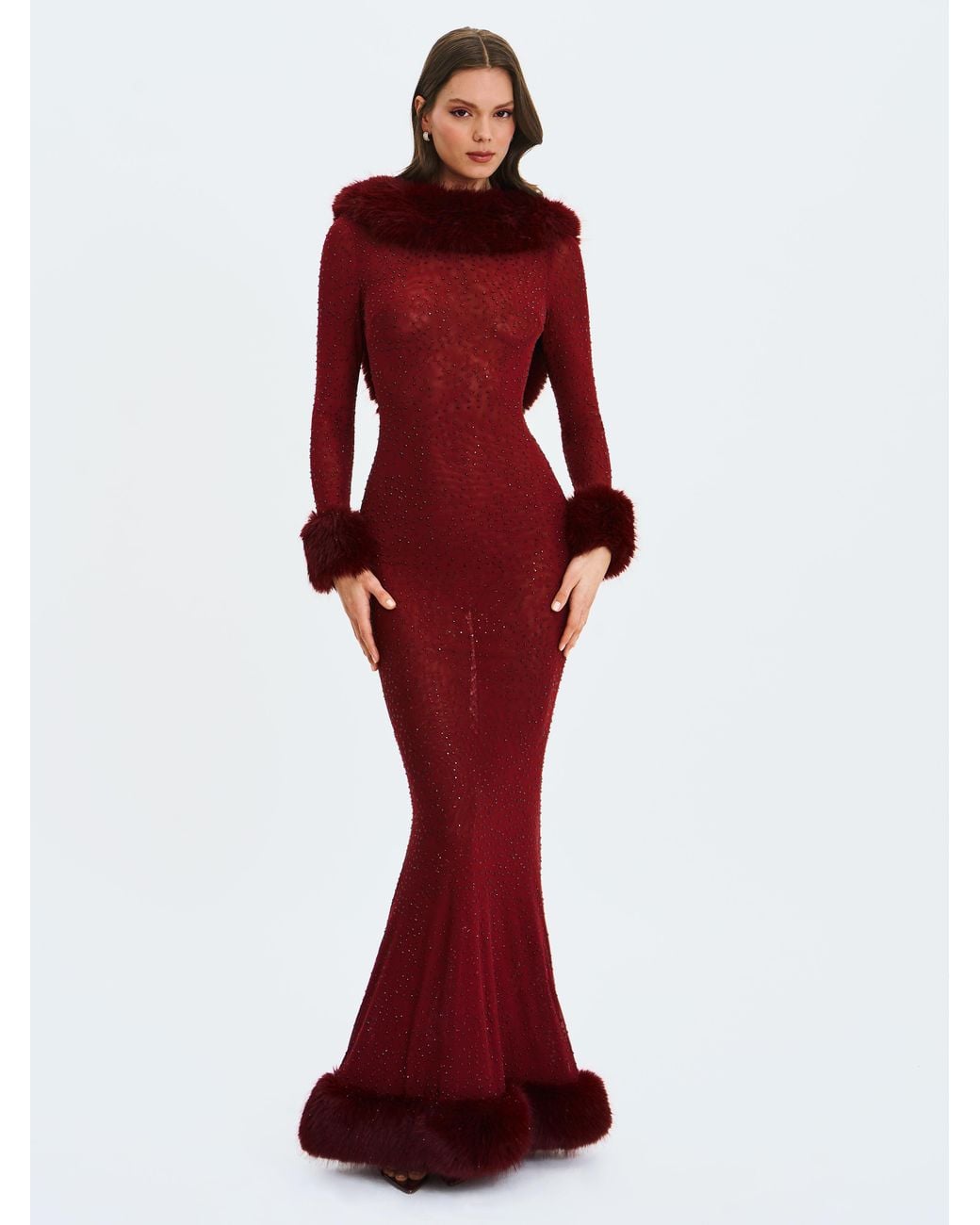 Miss Circle New York Purple Mellie Burgundy Regular-Length Rhinestone Mesh Low Back Mermaid Gown