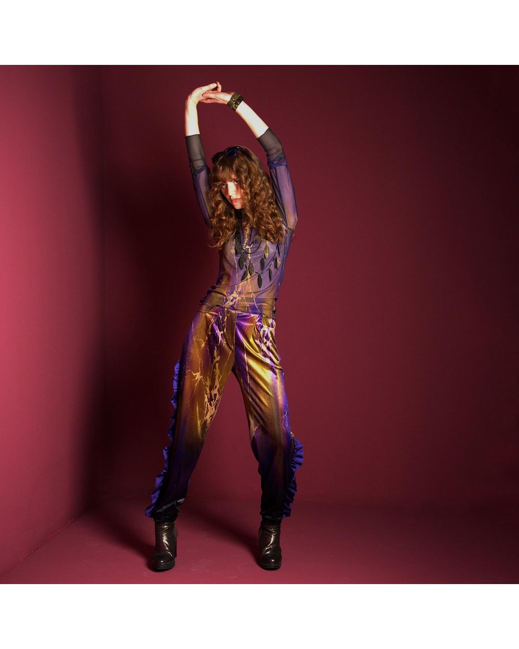 Lalipop Design Purple Abstract Print Velvet High-Waist Pants