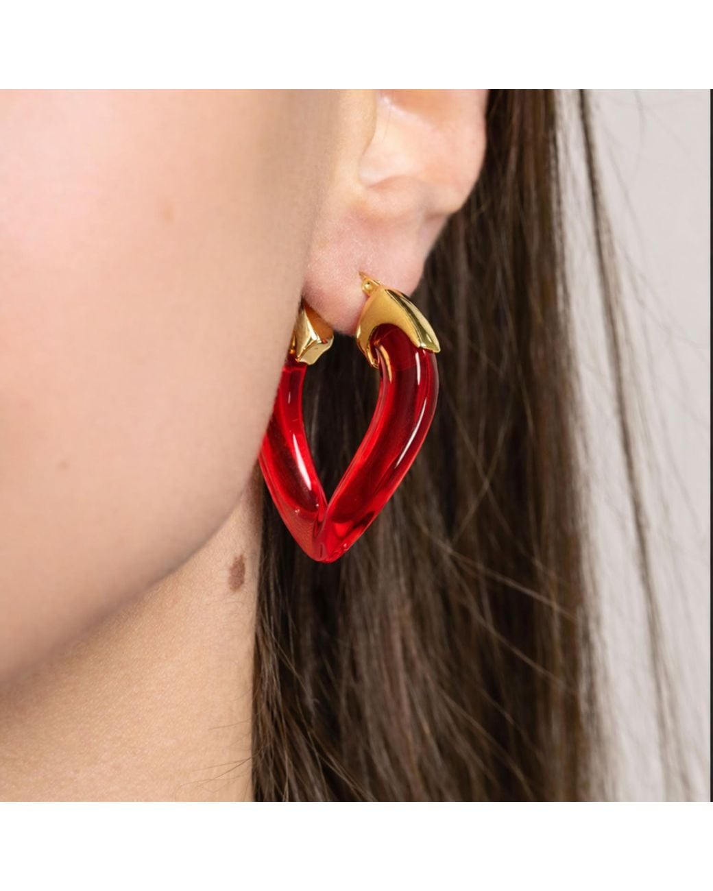 Gold & Honey Red Ruby Curb Link Lucite Birthstone Hoop Earrings