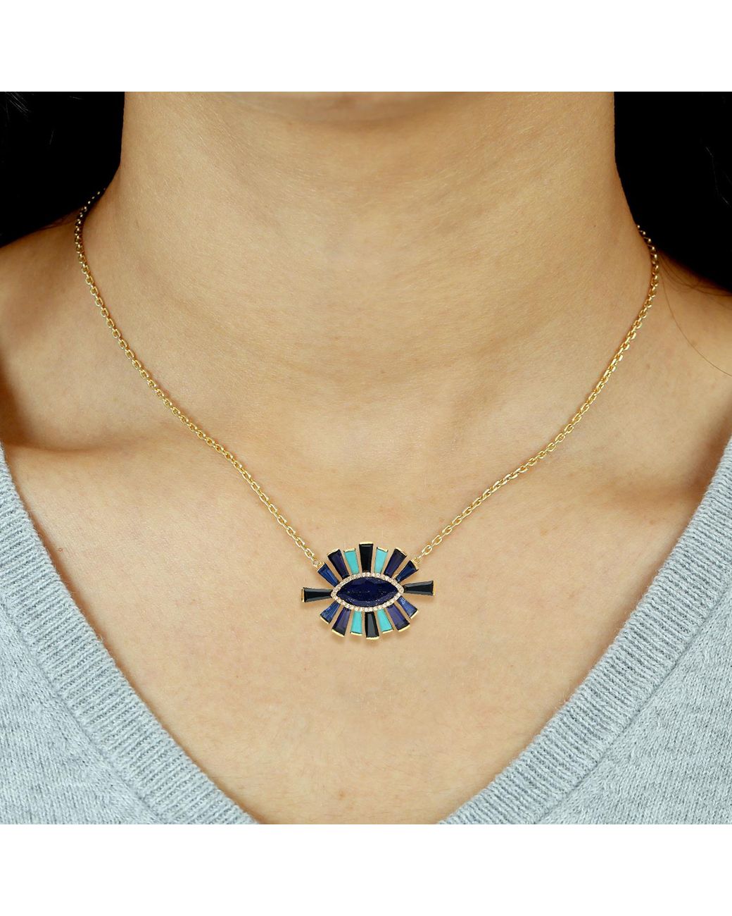 Artisan White Multi-Gemstone & Diamond Evil Eye Pendant Necklace