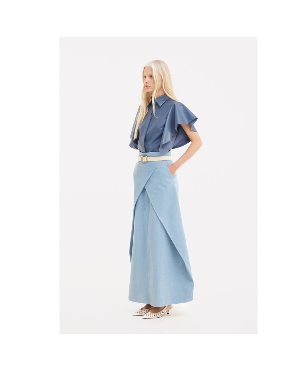 Julia Allert Blue Draped Faux Leather Shirt – Pale