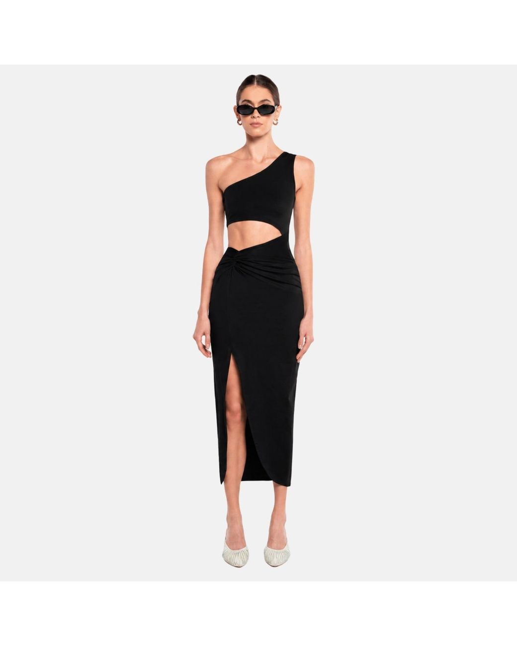 OW Collection Black Isabella One Shoulder Cut Out Midi Dress