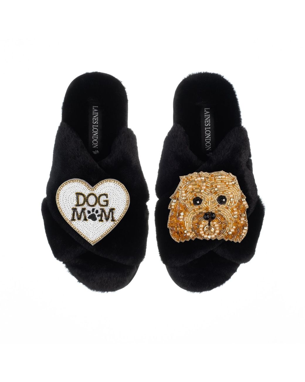 Laines London Black Classic Laines Slippers With Enki-Doo The Cockapoo & Dog Mum Mom Brooches