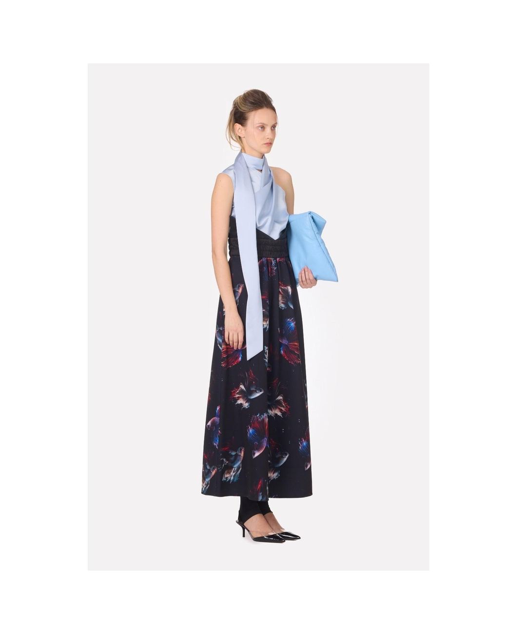 Julia Allert Blue Asymmetrical Satin Top With Choker Collar Light